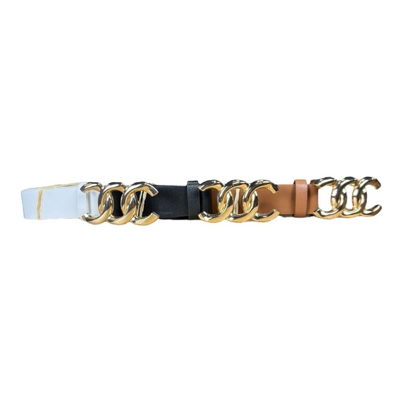 3-pack designer inspired belts with gold buckle, black/tan/white, size 38-41 - Picture 3 of 4